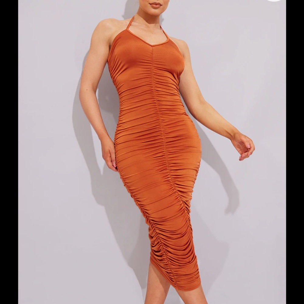 Rust Ruched Halterneck Dress